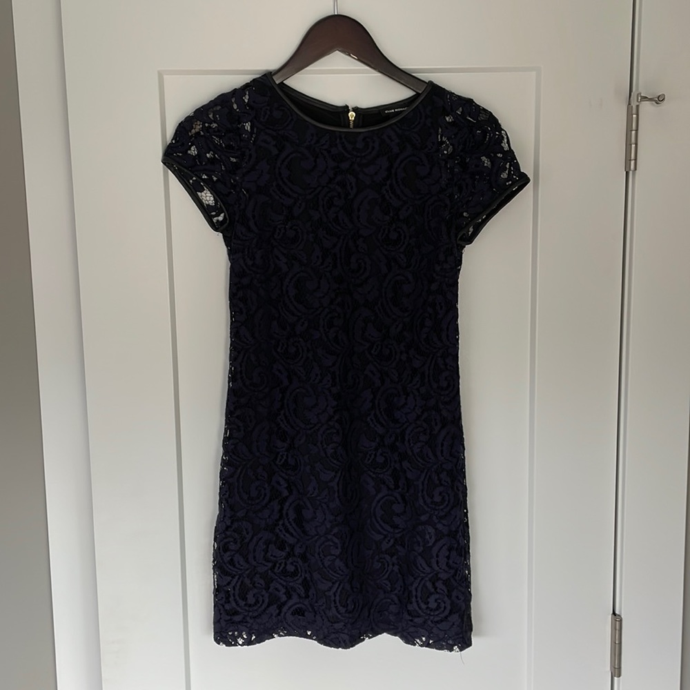 Club Monaco navy lace dress with leather detail.